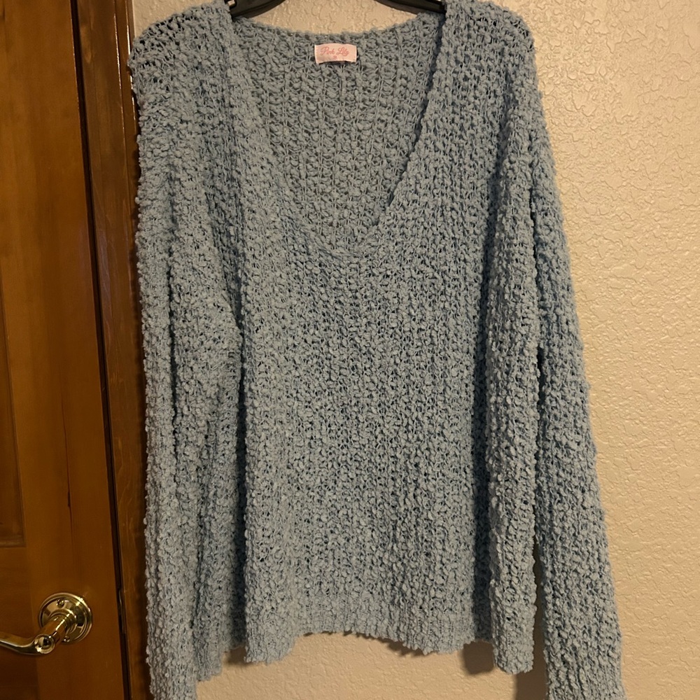 Pink Lily Soft Textured Blue V-Neck Sweater